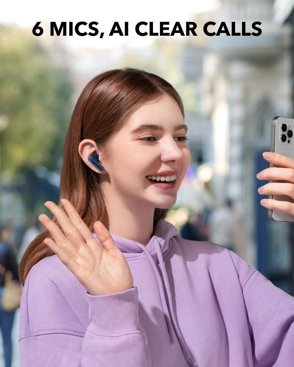 imageSoundcore P40i by Anker Noise Cancelling Wireless Earbuds Adaptive Noise Cancelling to Environments Heavy Bass 60H Playtime 2in1 Case and Phone Stand IPX5 Wireless Charging Bluetooth 53Navy Blue