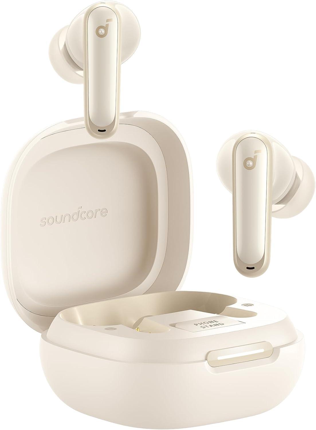 imageSoundcore P40i by Anker Noise Cancelling Wireless Earbuds Adaptive Noise Cancelling to Environments Heavy Bass 60H Playtime 2in1 Case and Phone Stand IPX5 Wireless Charging Bluetooth 53Oat White