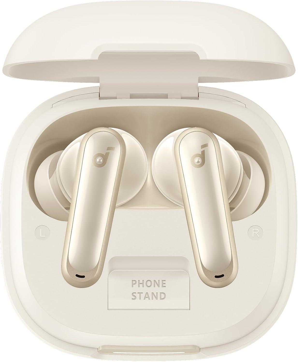 imageSoundcore P40i by Anker Noise Cancelling Wireless Earbuds Adaptive Noise Cancelling to Environments Heavy Bass 60H Playtime 2in1 Case and Phone Stand IPX5 Wireless Charging Bluetooth 53Oat White