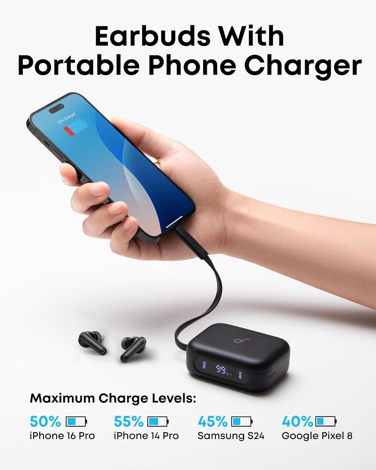 imageSoundcore P41i by Anker Adaptive Noise Cancelling Earbuds with Portable Phone Charger Only for USBC Charging 12H Playtime 192H with Case 6Mic AI Clear Calls IPX5 Wireless Bluetooth EarbudsBlack