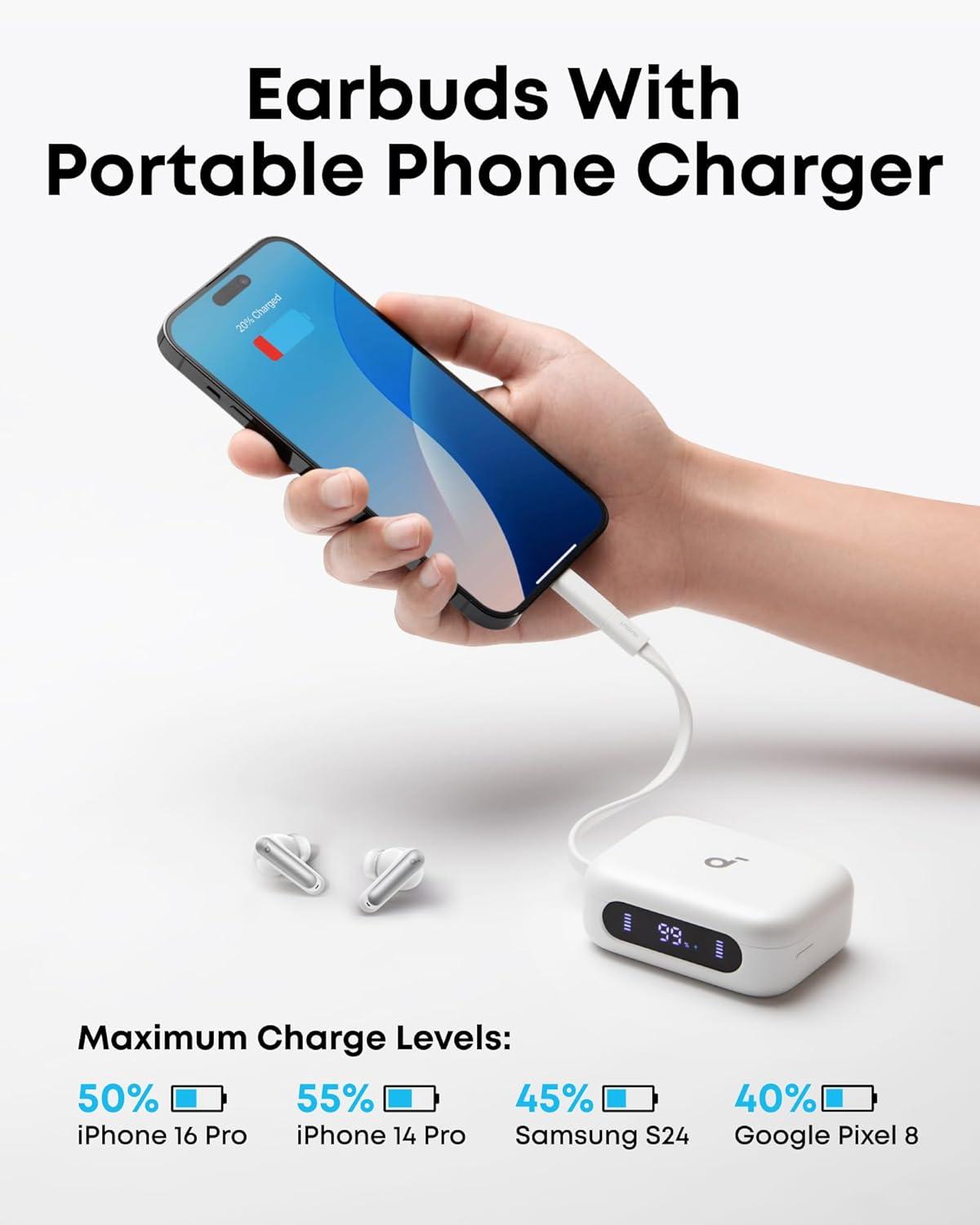 imageSoundcore P41i by Anker Adaptive Noise Cancelling Earbuds with Portable Phone Charger Only for USBC Charging 12H Playtime 192H with Case 6Mic AI Clear Calls IPX5 Wireless Bluetooth EarbudsWhite
