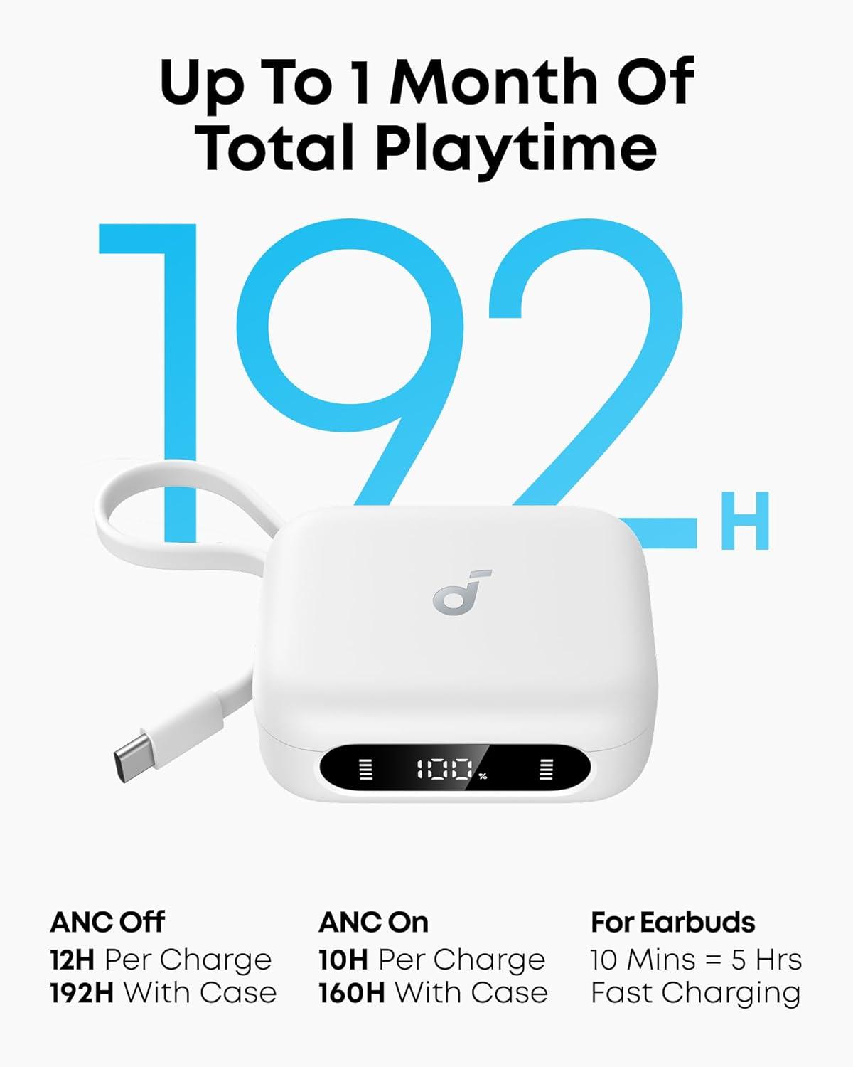 imageSoundcore P41i by Anker Adaptive Noise Cancelling Earbuds with Portable Phone Charger Only for USBC Charging 12H Playtime 192H with Case 6Mic AI Clear Calls IPX5 Wireless Bluetooth EarbudsWhite