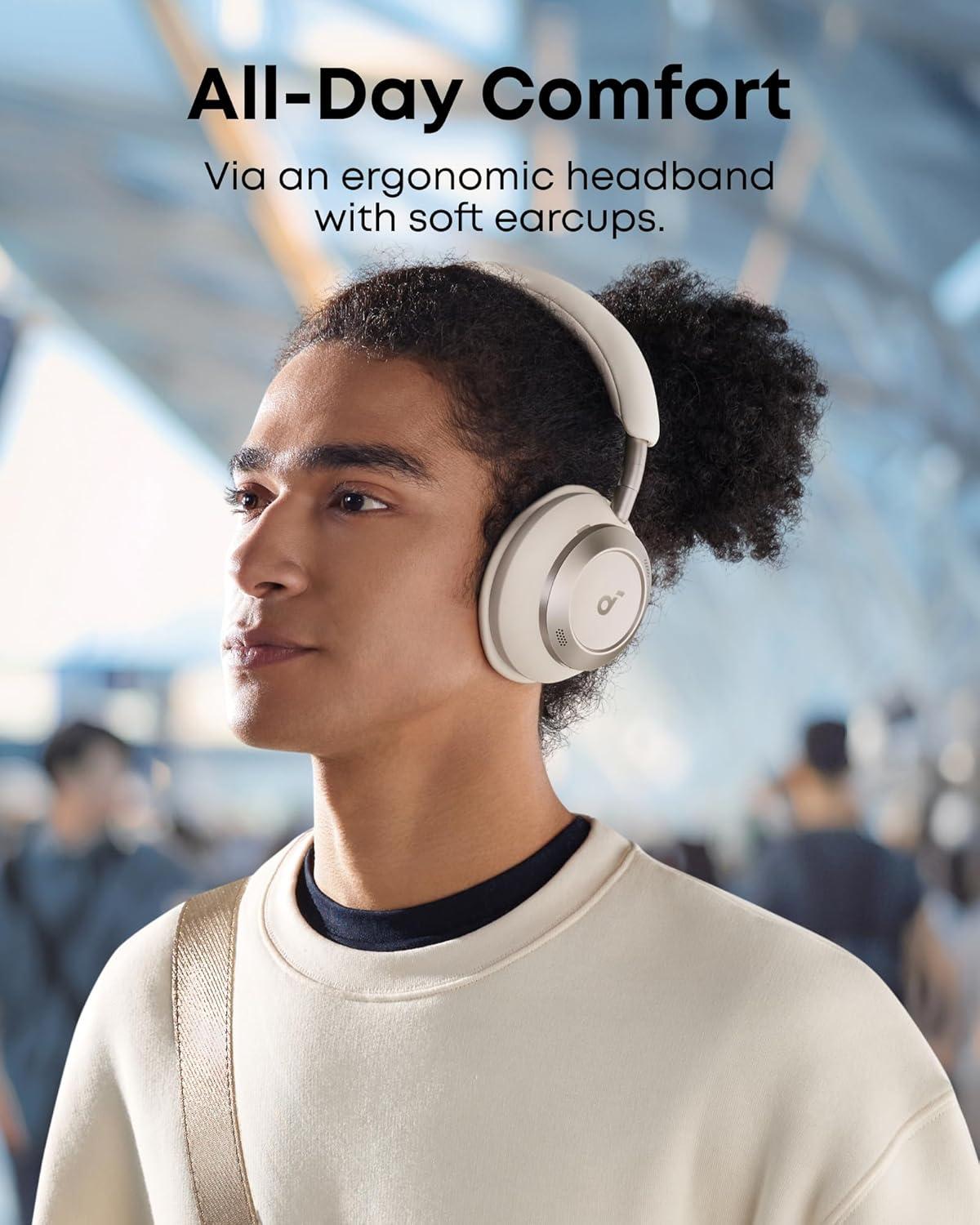 imageSoundcore Space One Pro FlexiCurve OverEar Headphone Adaptive Active Noise Cancelling Headphones Driven by 6 Mics 60H Lossless Audio UltraFast Charging HiRes Wireless Comfortable FitCream White