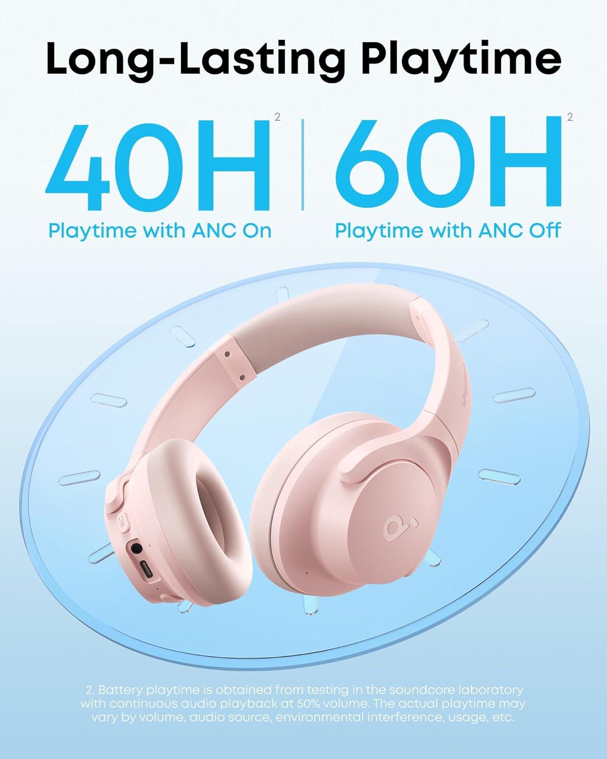 imageSoundcore by Anker Q20i Hybrid Active Noise Cancelling Headphones Wireless OverEar Bluetooth 40H Long ANC Playtime HiRes Audio Big Bass Customize via an App Transparency Mode WhitePink