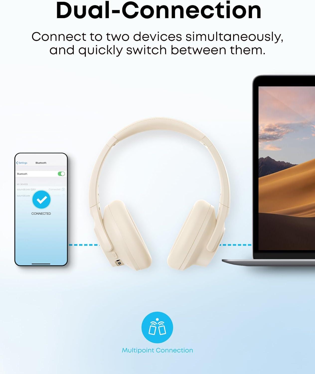 imageSoundcore by Anker Q20i Hybrid Active Noise Cancelling Headphones Wireless OverEar Bluetooth 40H Long ANC Playtime HiRes Audio Big Bass Customize via an App Transparency Mode WhiteAlmond White