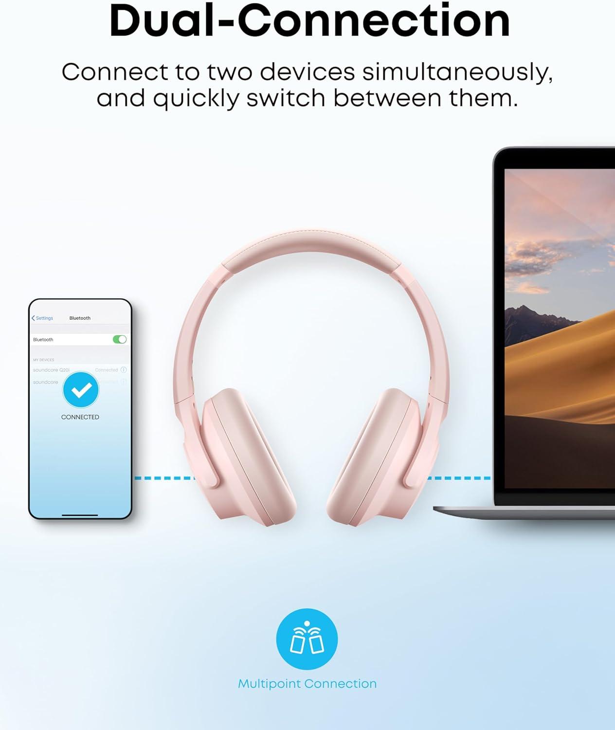 imageSoundcore by Anker Q20i Hybrid Active Noise Cancelling Headphones Wireless OverEar Bluetooth 40H Long ANC Playtime HiRes Audio Big Bass Customize via an App Transparency Mode WhitePink