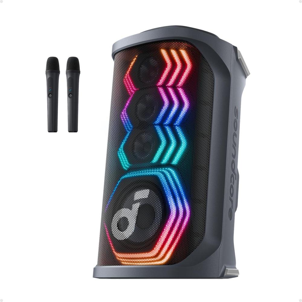 imagesoundcore Rave 3S AI Party Speaker with 2 Wireless Microphones 200W Sound AI Vocal Removal Reverb Light Show 12H Playtime Portable Bluetooth PA System for Home Party or Backyard