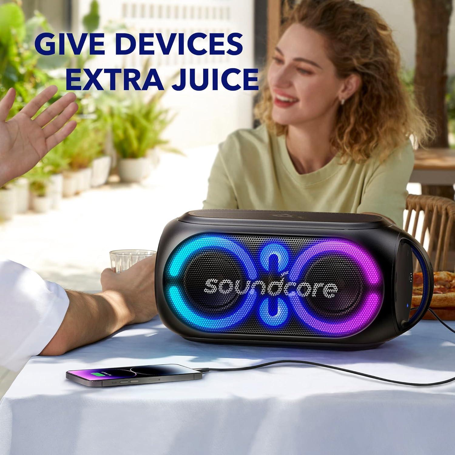 imageSoundcore Anker Rave Party 2 Portable Speaker 120W Stereo Sound PartyCast 20 Light Show IPX4 WaterResistant 16H Playtime Mic Input Custom EQ ampamp Bass Up for Party Tailgating Backyard Pool