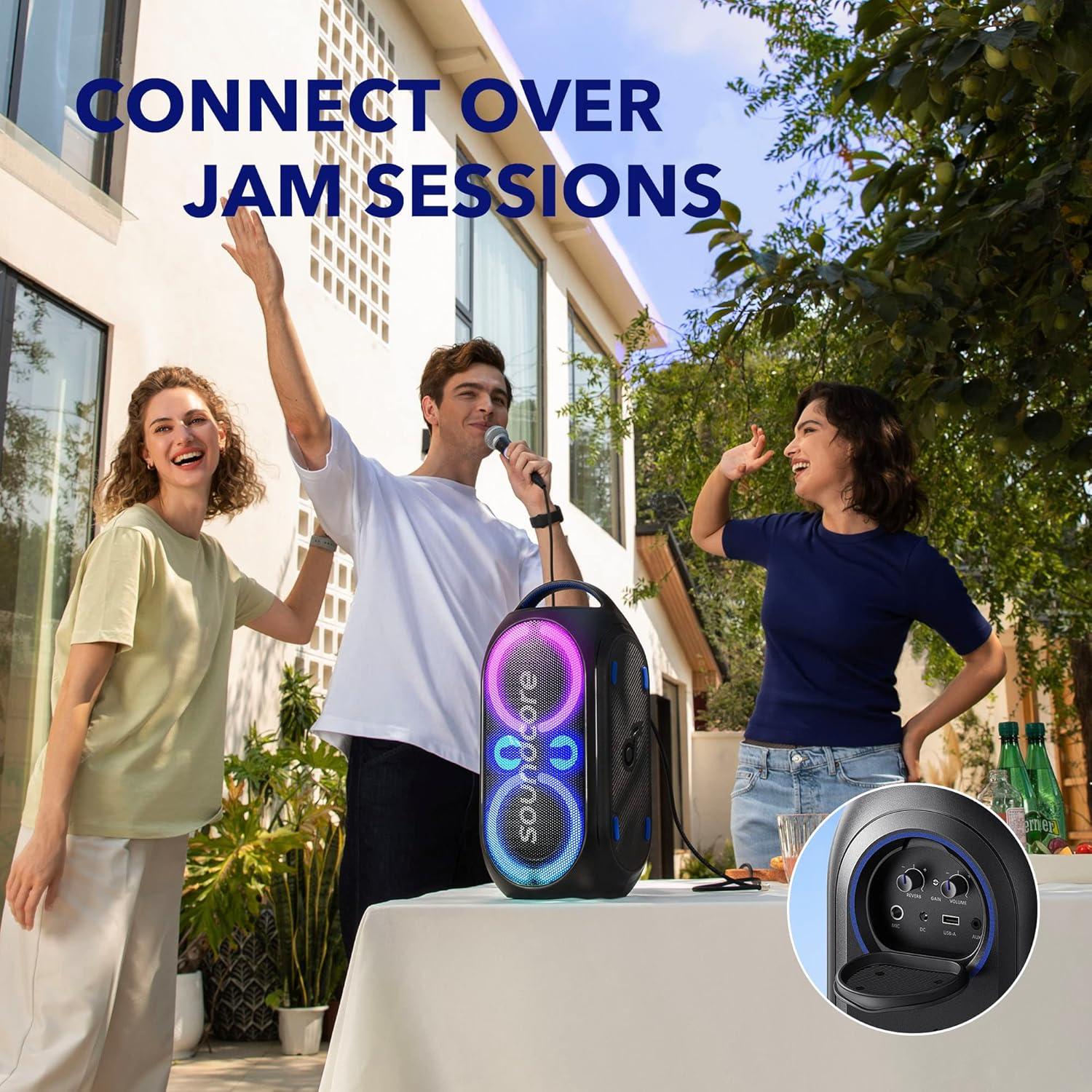 imageSoundcore Anker Rave Party 2 Portable Speaker 120W Stereo Sound PartyCast 20 Light Show IPX4 WaterResistant 16H Playtime Mic Input Custom EQ ampamp Bass Up for Party Tailgating Backyard Pool