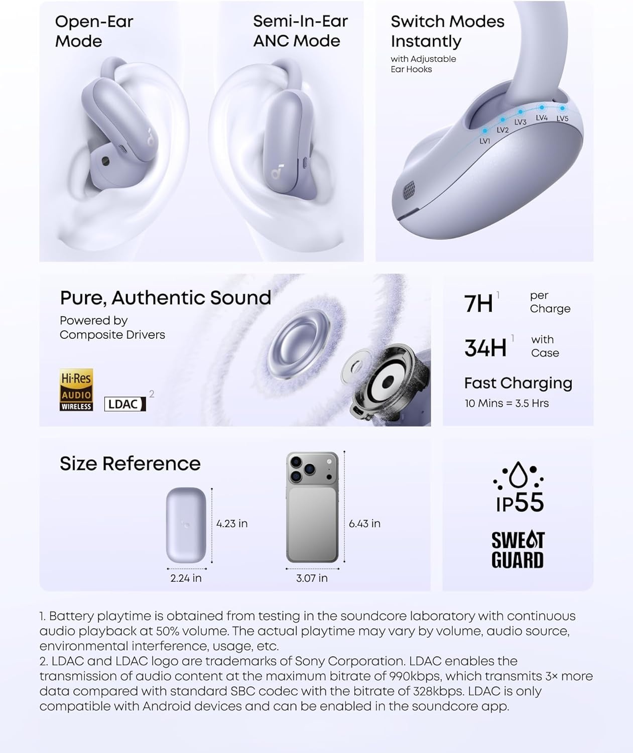 imageSoundcore AeroFit 2 Pro by Anker OpenEar and Active Noise Cancellation Modes HiRes Open Ear Headphones for CommuteOfficeFitness LDAC 4Mic AI Clear Calls 34H IP55 Wireless Bluetooth EarbudsMatte Purple