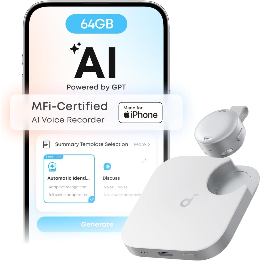 image:imagesoundcore Work AI Voice Recorder by Anker Wearable Note Taker for Meetings Transcribe and Summarize MFi Certified 64GB 150 Languages USBC Charging 32H Recording Find MyWhite