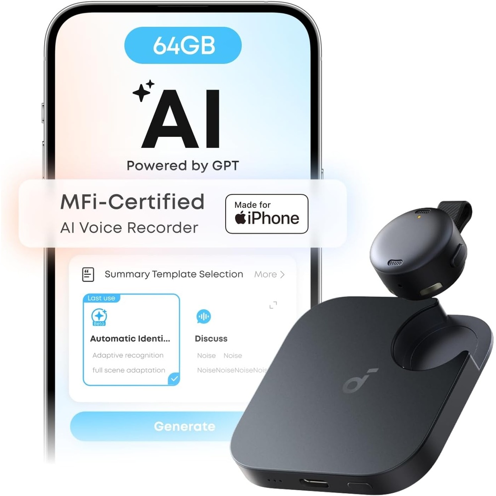 image:imagesoundcore Work AI Voice Recorder by Anker Wearable Note Taker for Meetings Transcribe and Summarize MFi Certified 64GB 150 Languages USBC Charging 32H Recording Find MyBlack