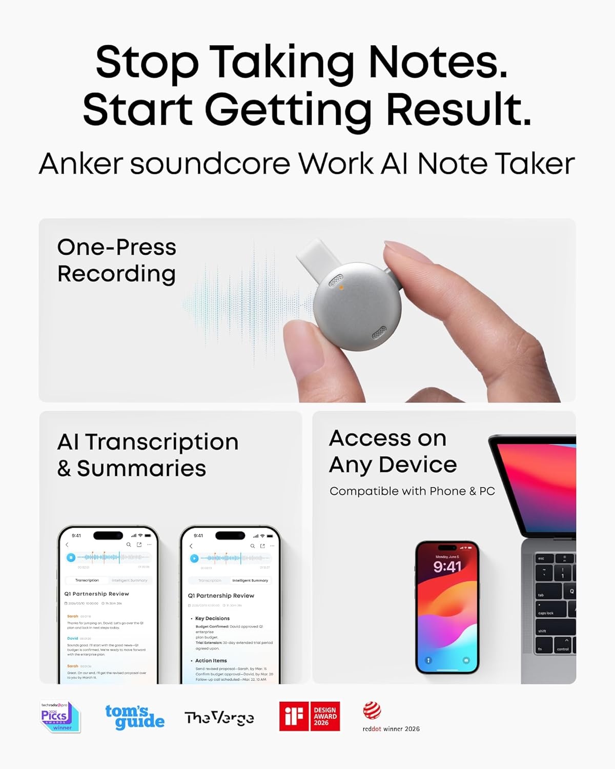 image:imagesoundcore Work AI Voice Recorder by Anker Wearable Note Taker for Meetings Transcribe and Summarize MFi Certified 64GB 150 Languages USBC Charging 32H Recording Find MyWhite