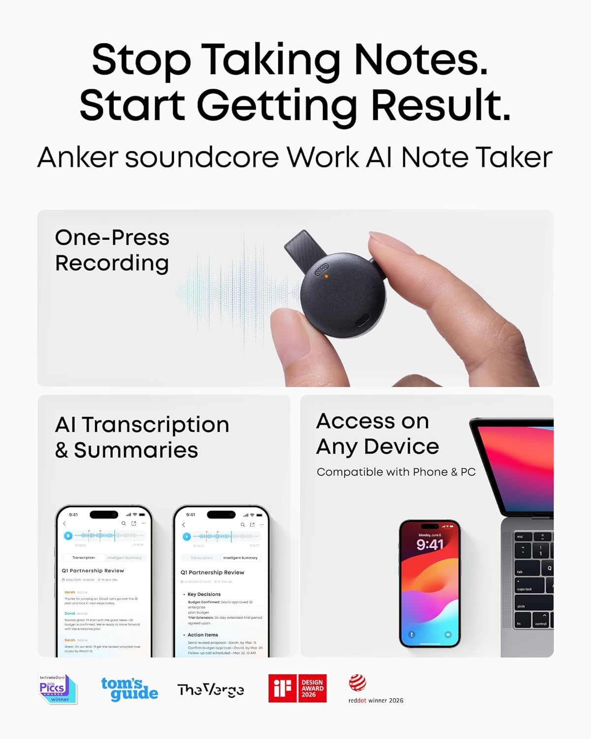 image:imagesoundcore Work AI Voice Recorder by Anker Wearable Note Taker for Meetings Transcribe and Summarize MFi Certified 64GB 150 Languages USBC Charging 32H Recording Find MyBlack
