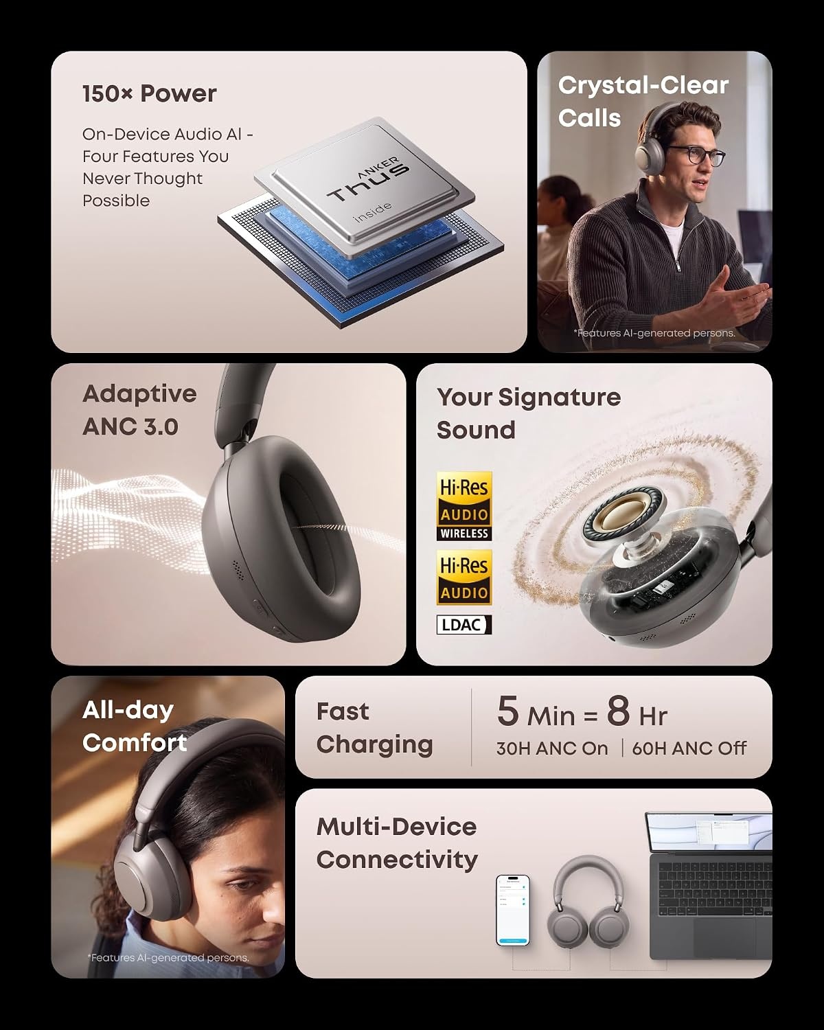 image:imageSoundcore Anker Space 2 Pro ANC OverEar Headphones Crystal Clear CallMidnight Grey